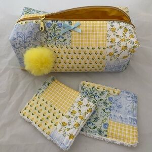 Patchwork Cosmetic Bag with Yellow Pom Pom